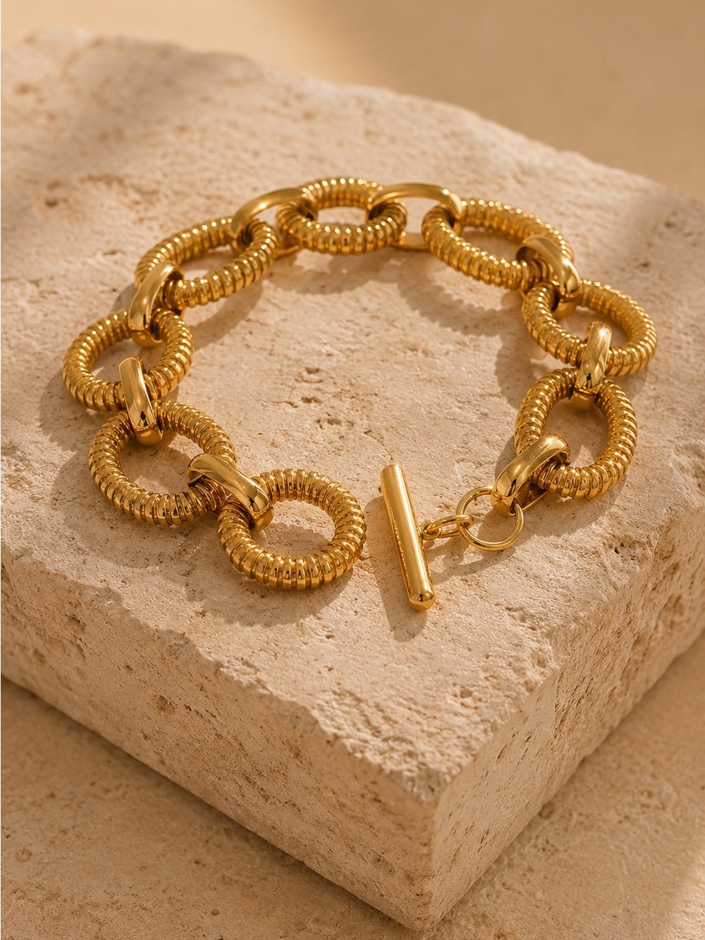 Textured Gold tone Link Toggle Bracelet - Picture 7 of 8